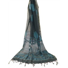 Sanskriti Vintage Black Dupatta Long Stole Pure Silk Hand Beaded Printed Scarves