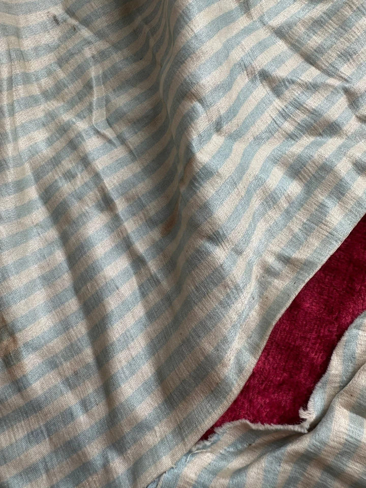 Lot De 2 Coupons Tissu Ancien Création Robe Poupée Ancienne Soie Bleue Rayures - Photo 3/4