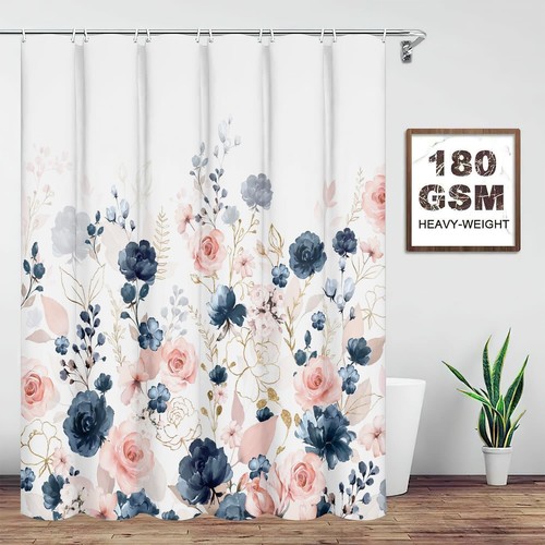 Navy Blue and Pink Floral Shower Curtain, Watercolor Flowers Bathroom Curtain... - Picture 9 of 10