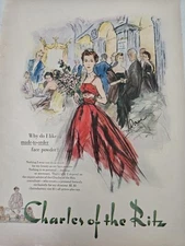 1953 Charles of the Ritz face powder cosmetics evening gown art vintage ad 