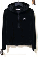 FLASH SALE Womens FILA SMALL Velvet Velour Pullover Hoodie Jacket Black Pockets