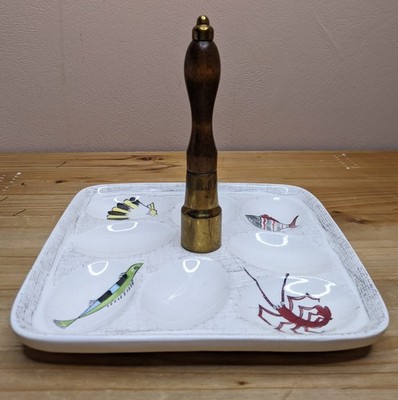 50er Vintage Eierhalter Keramik Sealife Muschel Fisch Devilled Eier Servierschale MCM 