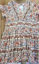 Bila Women's Floral Paisley Dress Orange Cream Gauzy Rayon Tiered Boho Size XXL