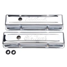 Edelbrock Valve Cover Set 4649; Signature Series Tall Chrome Steel for SBC