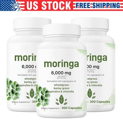 300 Capsules Moringa Oleifera Leaf Powder 6000mg Green Superfood, Immune Support
