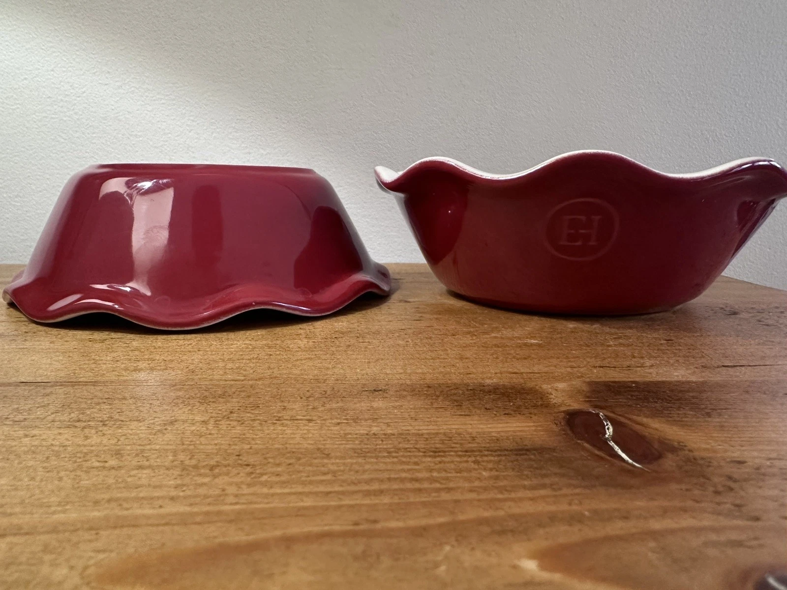 Two Emile Henry France Red/White Fluted Small Pie Baking Dishes 5 3/4 x 1 3/4