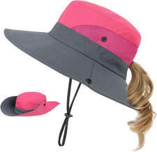 Kids Sun Hat with Ponytail Hole UV Protection Wide Brim Summer Beach Bucket Cap