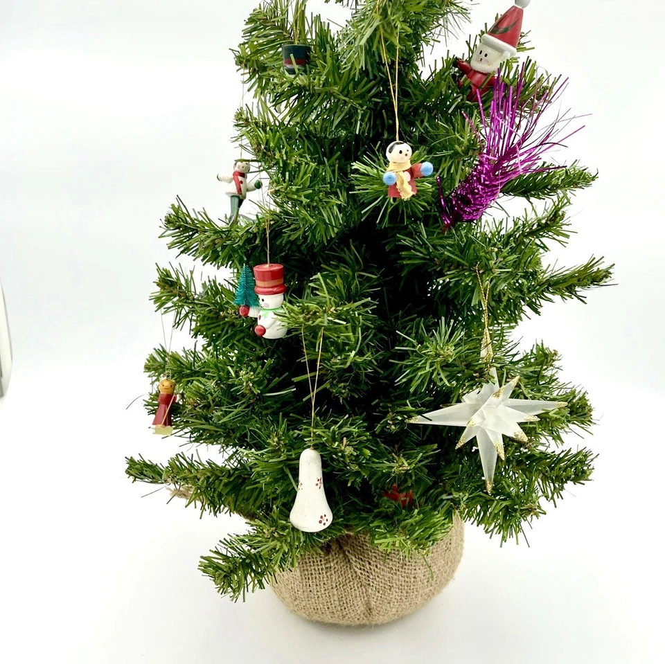 Christmas Tree Table Top With Ornaments Burlap Weighted Base Vintage - Image 2 of 4