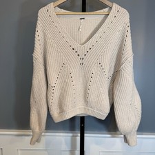 Free People Boho Cream Chunky Knit V-Neck Oversized Sweater XS