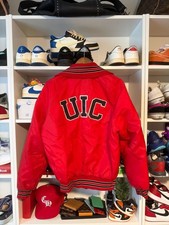 Vintage Holloway UIC Flames Red Satin Bomber Jacket Made in USA Men's Medium