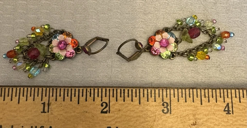 Pendientes colgantes vintage Michal Negrin esmalte flor arco iris AB cuentas de cristal Foto 4 de 4