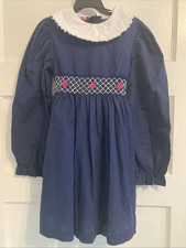 Polly Flinders Vintage Smocked Girls Blue Party Dress Size 6X Roses Lace Collar