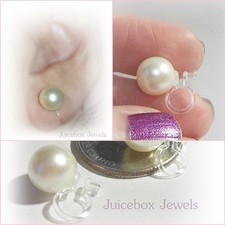 Invisible Faux White Pearls, Round Clip On Stud,9.9mm Non-Pierced Earrings V540
