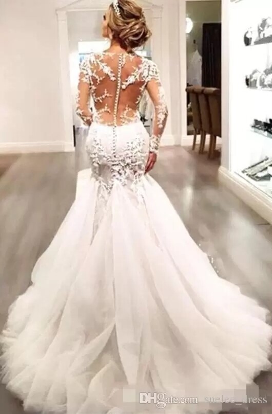 chinese dress ladies Mermaid Strapless Chapel Train Long Sleeves Tulle Lace Beading Wedding   Ballbella