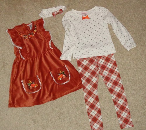 Girls Thanksgiving Halloween Dress Leggings Shirt Headpiece Size 5 Little Lass - Picture 2 of 5