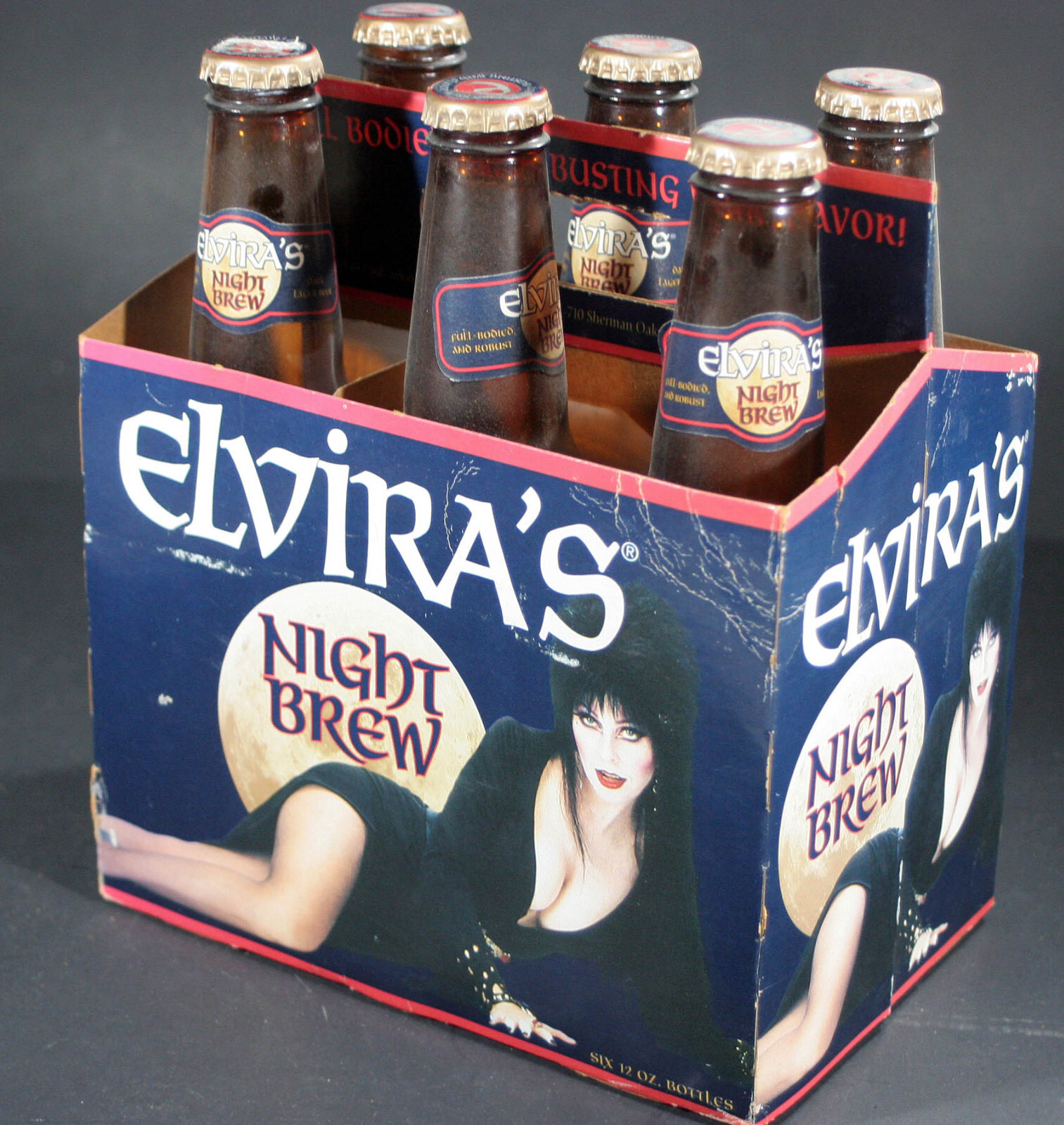 empty ELVIRA'S NIGHT BREW 6 pack case bottles and bottle caps