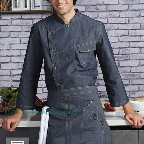 Men Denim Hotel Restaurant Kitchen 3/4 Sleeve Jean Coat Cook Wear Chef Jacket - Picture 2 of 12