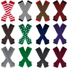 Women's Striped Arm Warmer Knit Long Fingerless Gloves Arm Sleeve Mittens