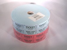 2 Rolls of 2000 Ct Double Stub Raffle Tickets Red  Blue NIP 4000 Tickets Total