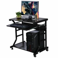 Rolling Computer Desk PC Laptop Tempered Glass Table Workstation for Home