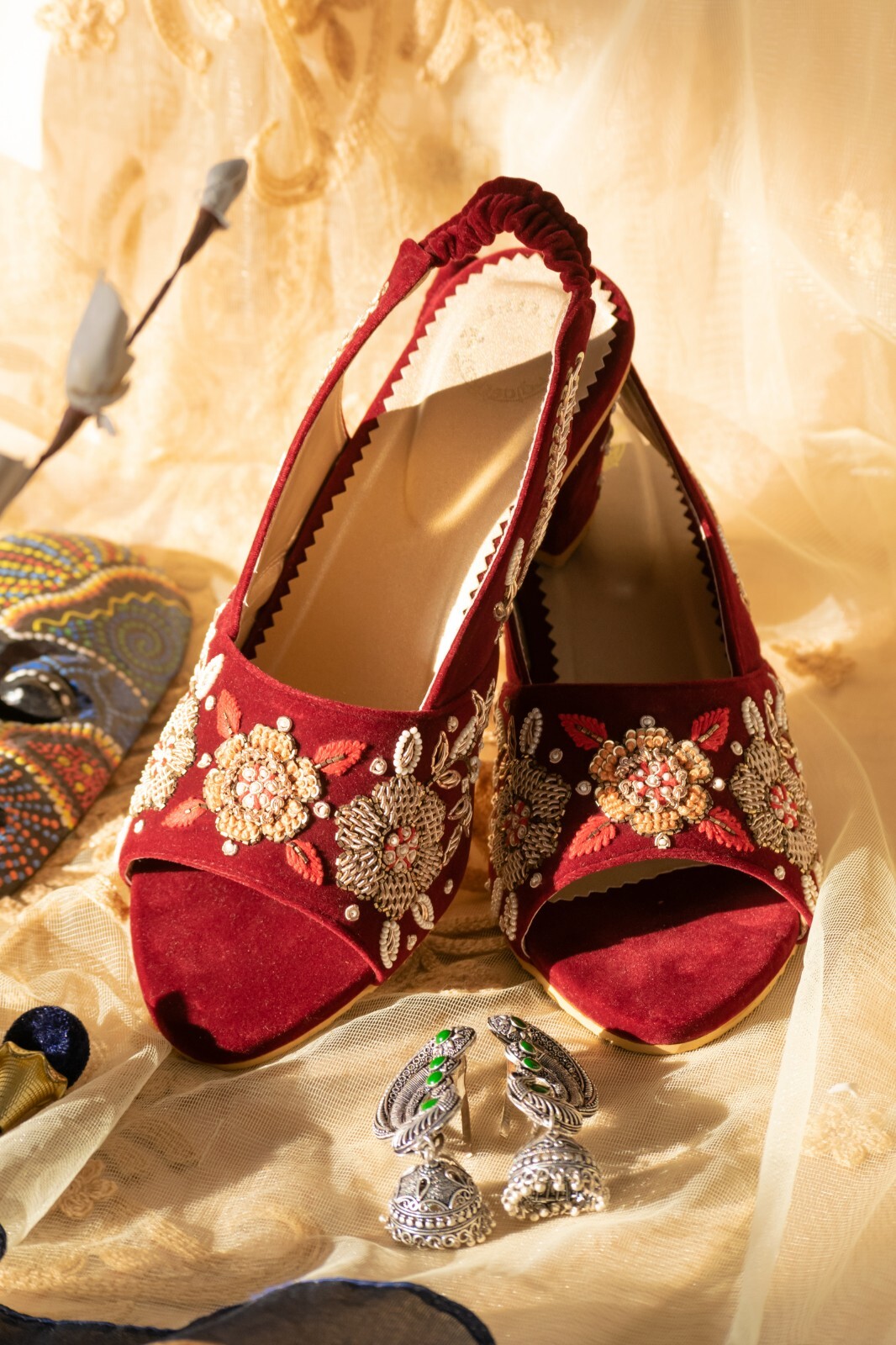 Maroon embroidered handmade bridal wedding heels for women