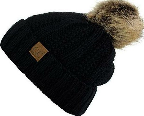 C.C Thick Cable Knit Faux Fuzzy Fur Pom 