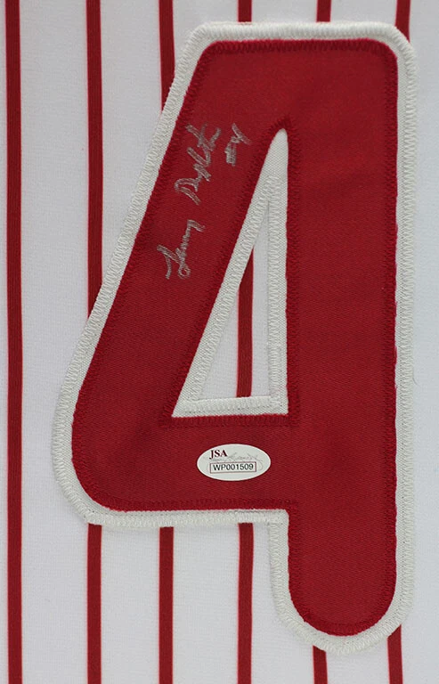 Camiseta deportiva de Lenny Dykstra autografiada y enmarcada a rayas de los Filis certificado de autenticidad JSA Foto 2 de 4