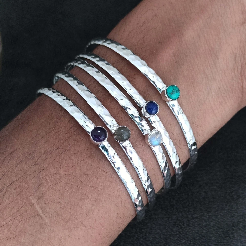 Five Gemstone Bangle 925 Sterling Silver Handmade Women Bracelet All Size SH160 - Image 3 of 4