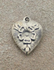 VINTAGE STERLING PUFFY HEART CHARM - Five Petal Flower & Radiating Lines Backgrd
