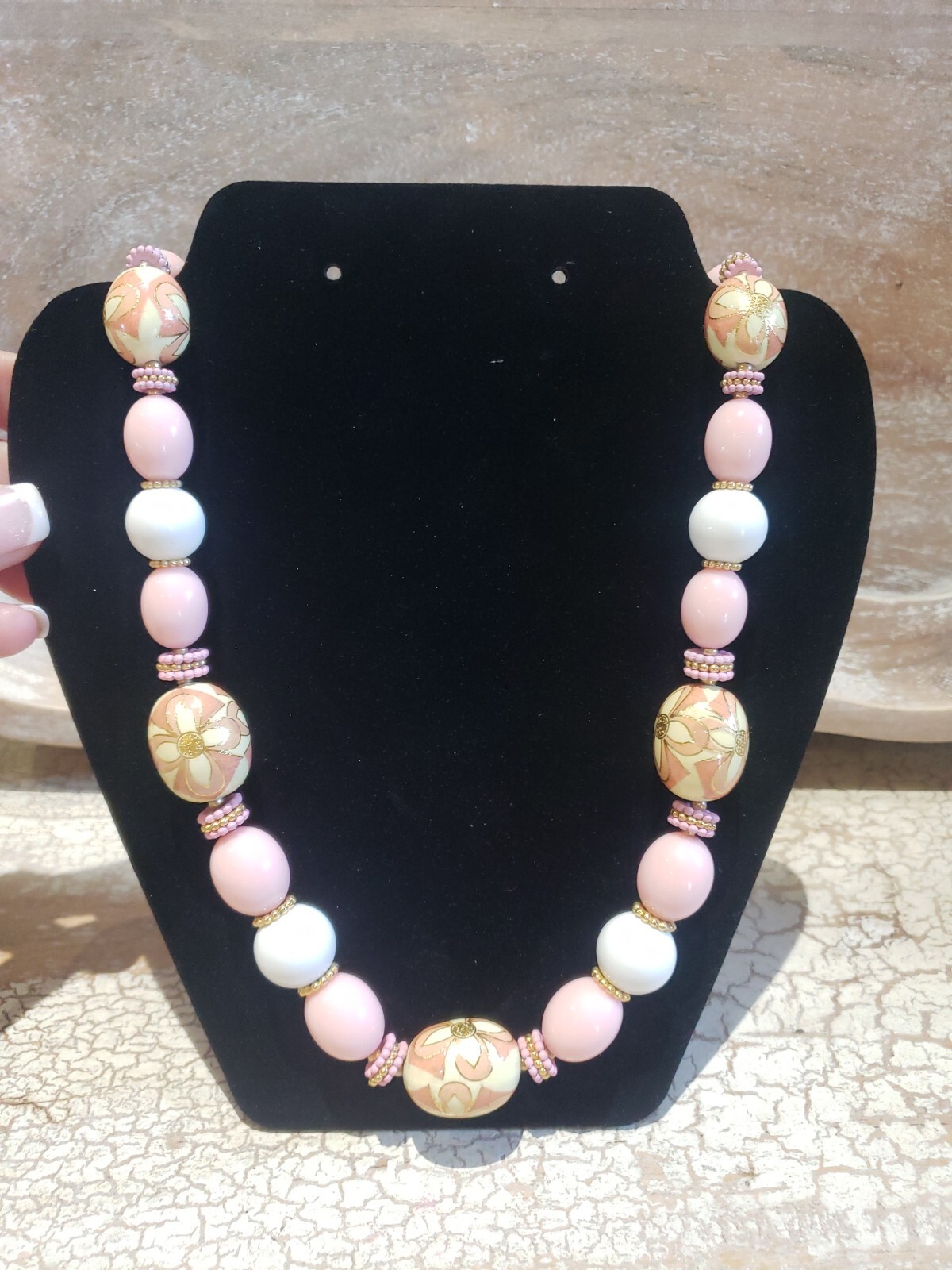 Vintage Japan Cloisonne Enamel Pink White Bead Strand… Gem