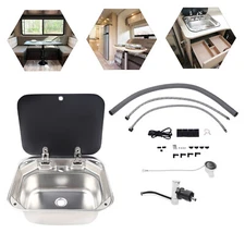RV Caravan Camper Sink Stainless Steel Hand Wash Basin & Glass Lid & Faucet