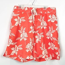 J Crew Mens 34 Board Short Swim Trunks Orange Hawaiian Print Unlined  9" 