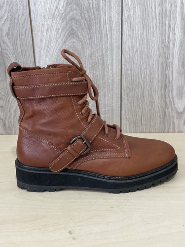 Topshop Tan Brown Leather Chunky Sole Lace Up Zip Strap Mid Boots UK 8 EU 41 - Picture 5 of 17