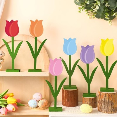 6pcs Spring Tulips Wood Signs Rustic Farmhouse Tulip Flowers Table Decoration...