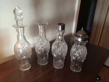 Set/4 Vntg Glass Cruets Condiment Bottles~ Oil~ Vinegar-Salt-Pepper Crosshatch