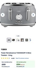 Tower Renaissance T20065GRY 4-Slice Toaster 1800W Grey, 6 Settings