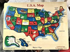 Vintage Mellissa Doug Wooden USA Map Puzzle-11-1/2 x15-1/2