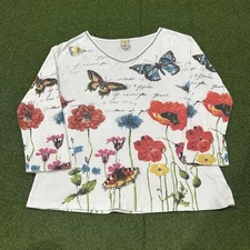 Jess & Jane White Garden Print Pullovert Shirt Blouse Size Medium Bedazzled