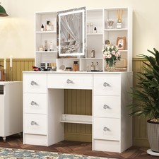 Vanity Desk White Dressing Table with LED Lighted Mirror Makeup Table Bedroom