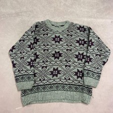 Vintage Abstract Knitted Jumper Patterned Grandad Chunky Knit Sweater Men's L