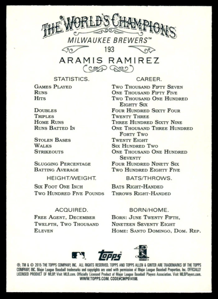 2015 Topps Allen & Ginter Aramis Ramirez #193 Milwaukee Brewers - Image 2 of 2