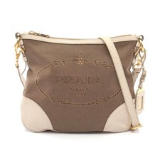 Prada Logo Jacquard Canvas Leather Shoulder Bag Women Beige One Size
