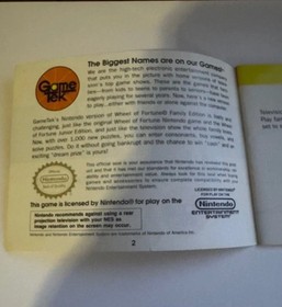 Wheel of Fortune Family Edition NES Nintendo Instruction Manual Only