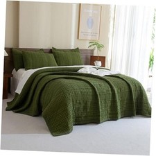 Cotton Waffle Weave Quilt Set King Size 110"x98" King 110 98 Olive Green