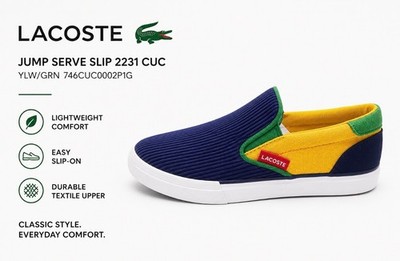 Lacoste Jump Serve Slip-On Shoes Colorblock Blue/Yellow/Green Size 13 Kids NWB