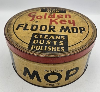 Vintage GOLDEN KEY Floor Mop Advertising Tin Copyright 1938 New York, NY.
