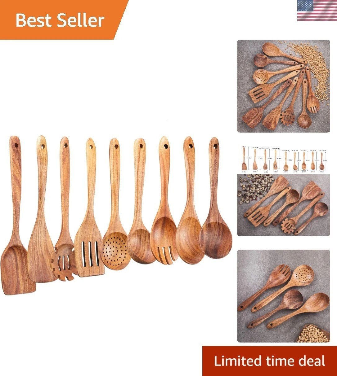 9-Piece Teak Wooden Spoons Set - Safe, Durable, and Easy to 