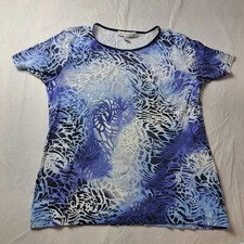 JM Collection Petite M Short Sleeve Animal Print Top Blue Purple Knit Shirt