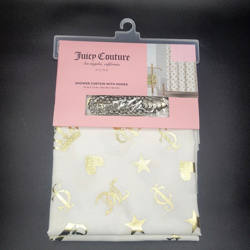 Juicy Couture Gold Weiß Krone Herz JC Initialen Duschvorhang mit Haken Neu in Verpackung - Bild 2 von 8
