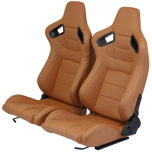 PAIR OF BROWN/TAN PVC LEATHER FULLY RECLINING BUCKET CAR SEATS SET SPORTS RACING